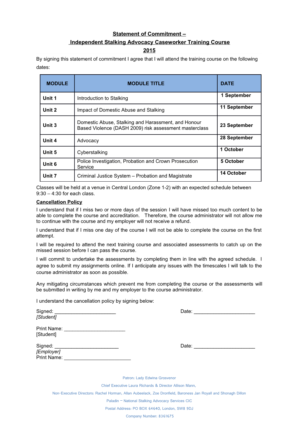 Statement of Commitment Independent Stalking Advocacy Caseworker Training Course