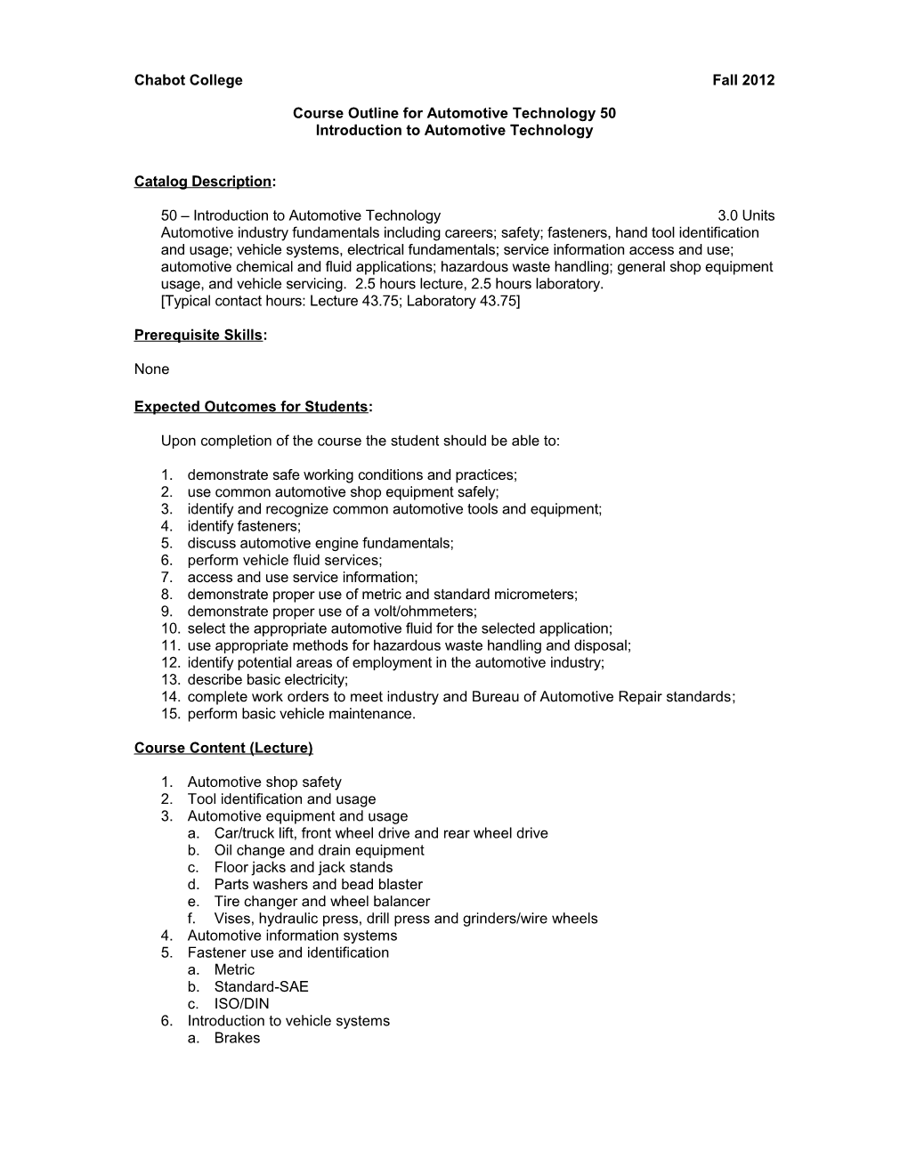 Course Outline for Automotive Technology 50, Page 1