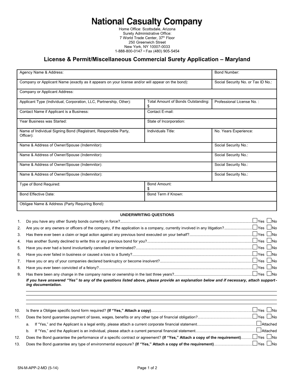 License & Permit/Miscellaneous Commercial Surety Application