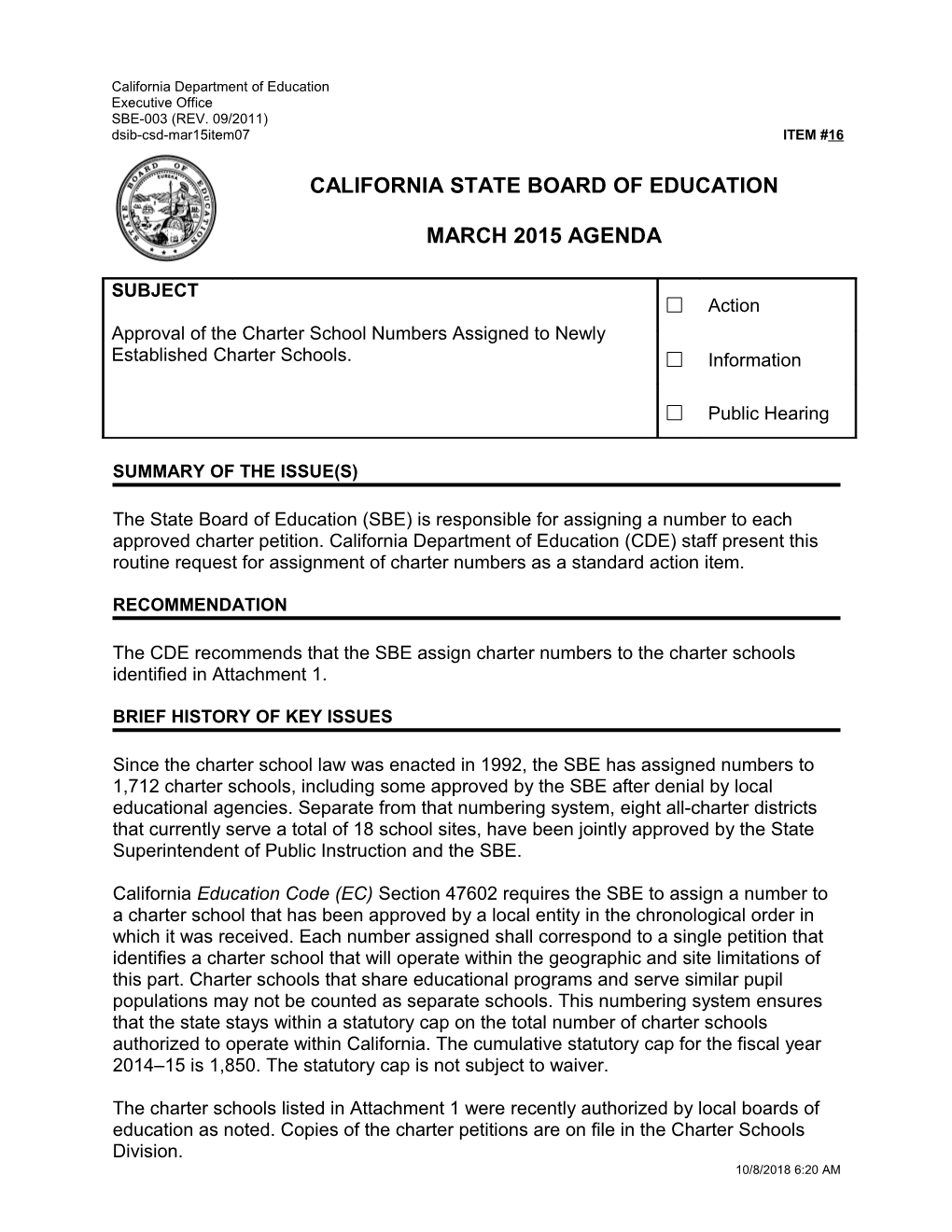 March 2015 Agenda Item 16 - Meeting Agendas (CA State Board of Education)