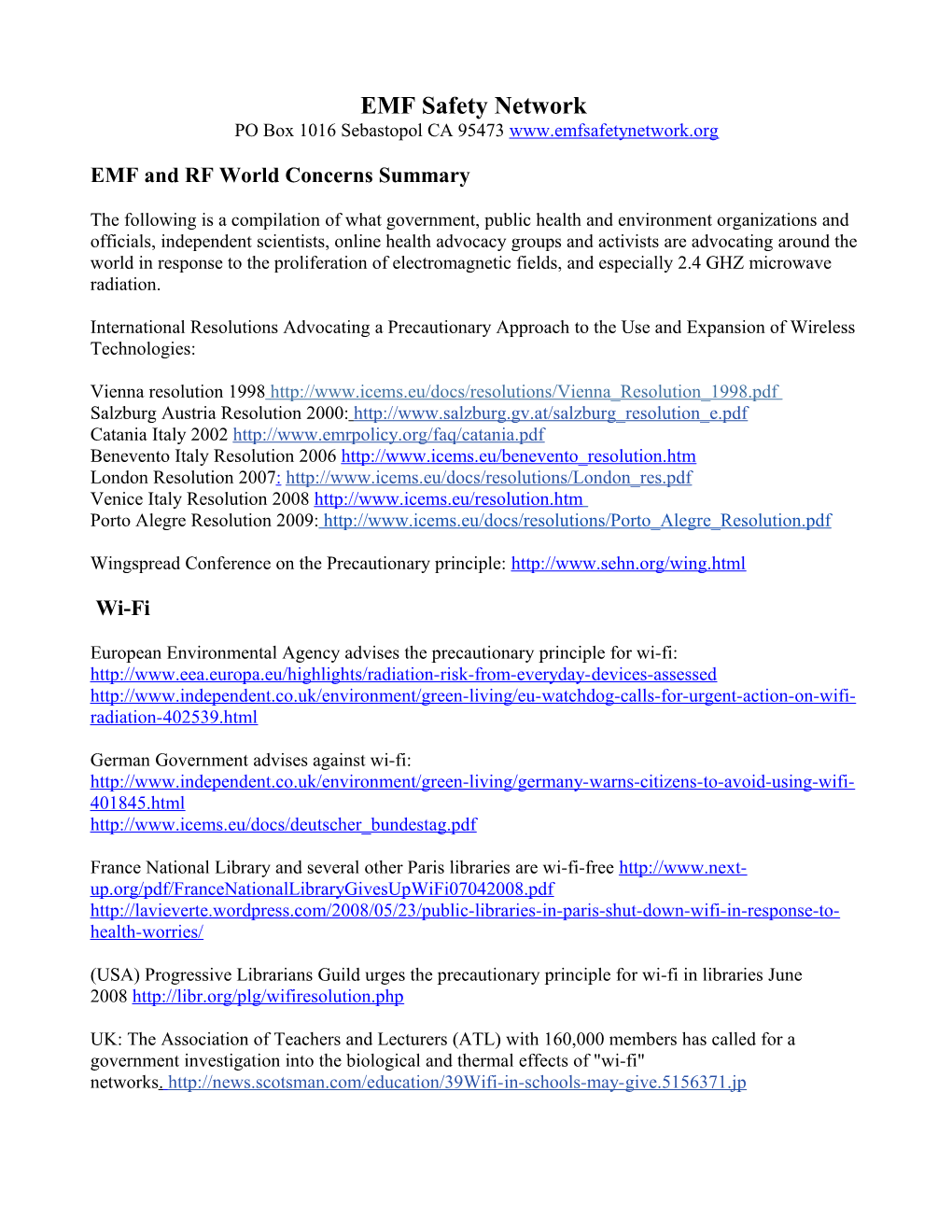 EMF/R World Concerns Summary
