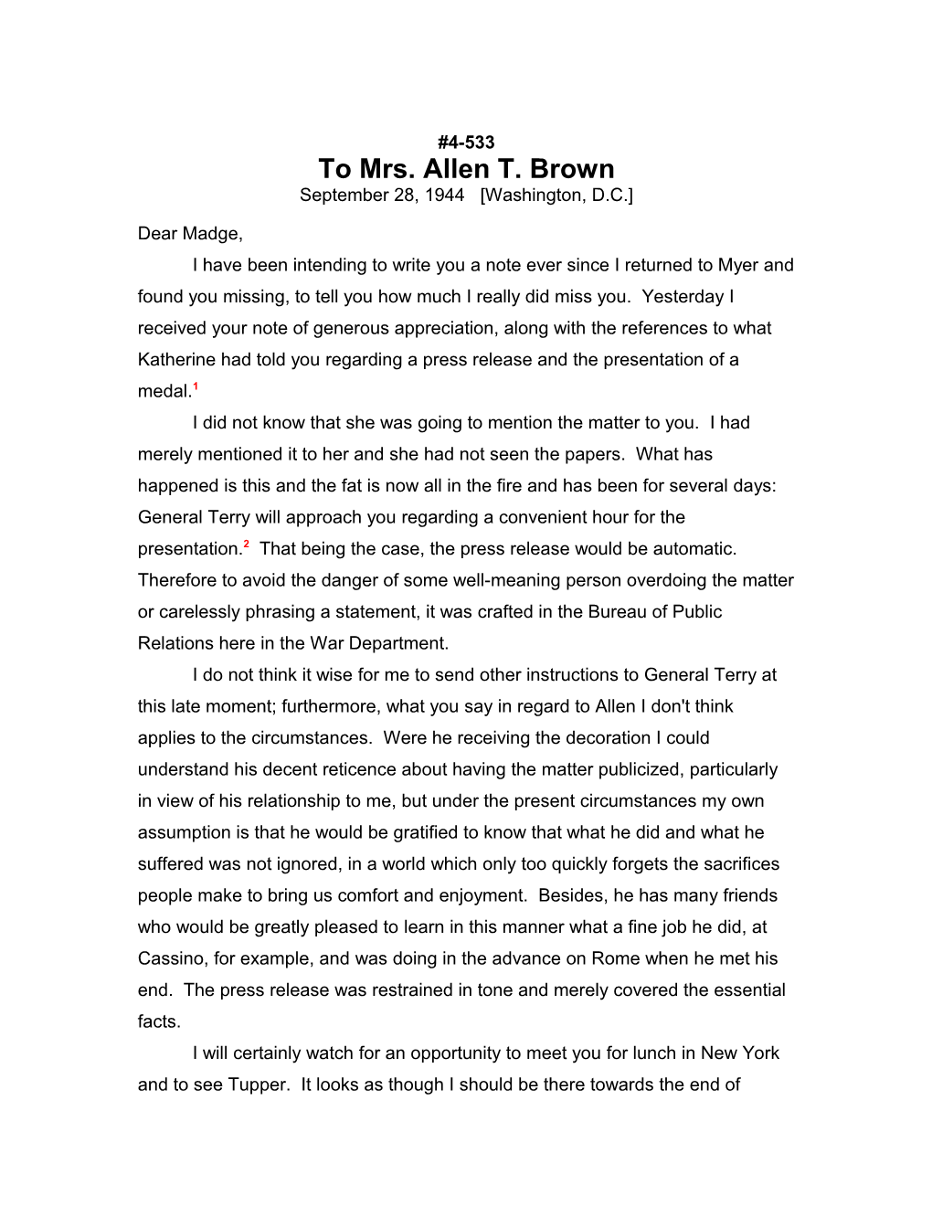 To Mrs. Allen T. Brown