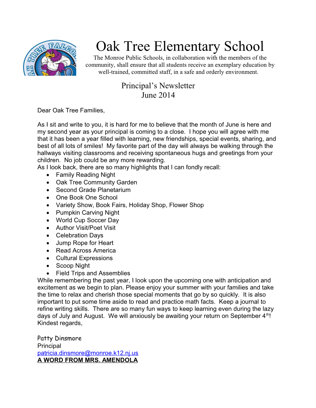 Dear Oak Tree Families