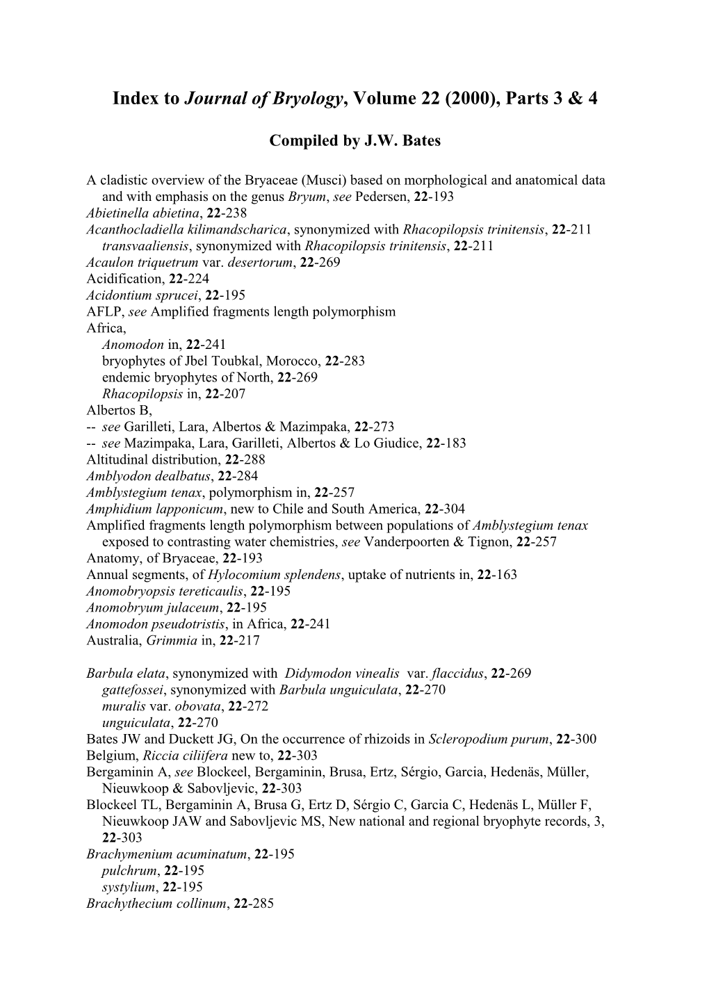 Index to Journal of Bryology, Volume 22 (2000), Parts 3 & 4