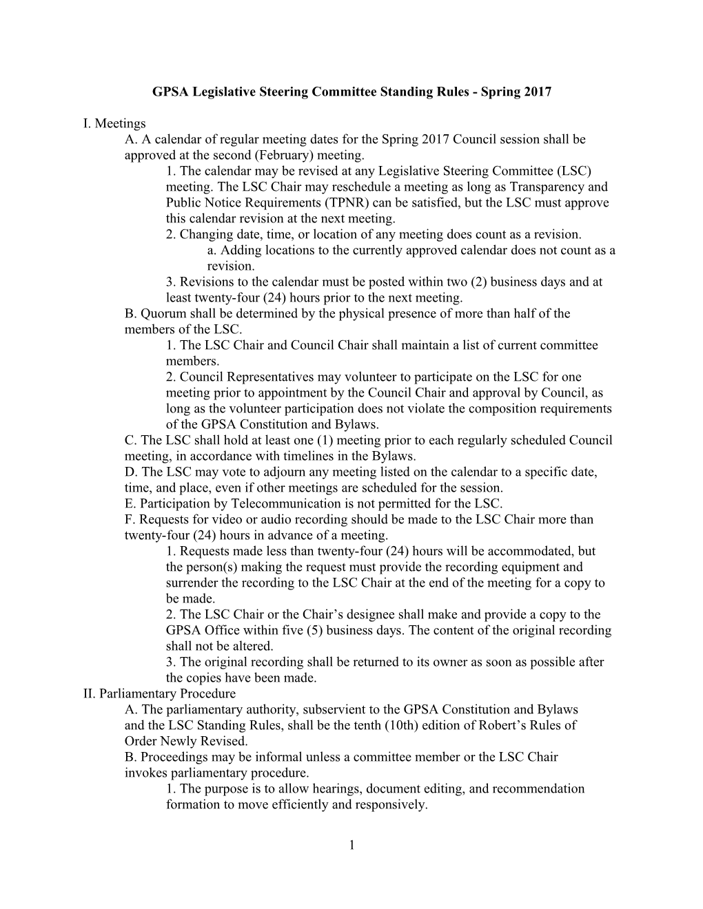 GPSA Legislative Steering Committee Standing Rules - Spring 2017