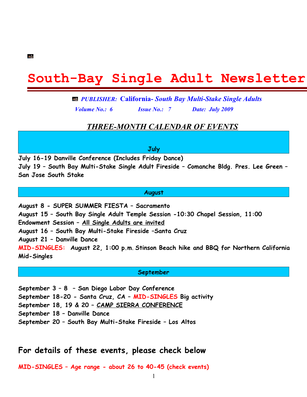 South-Bay Sngle Adul;T Newsletter