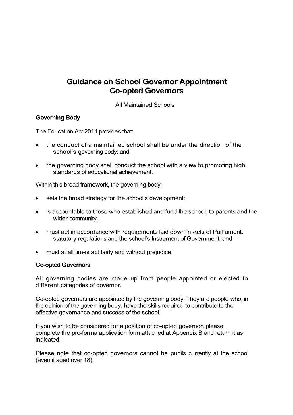 Guidance on School Governor Appointment Co-Opted Governors
