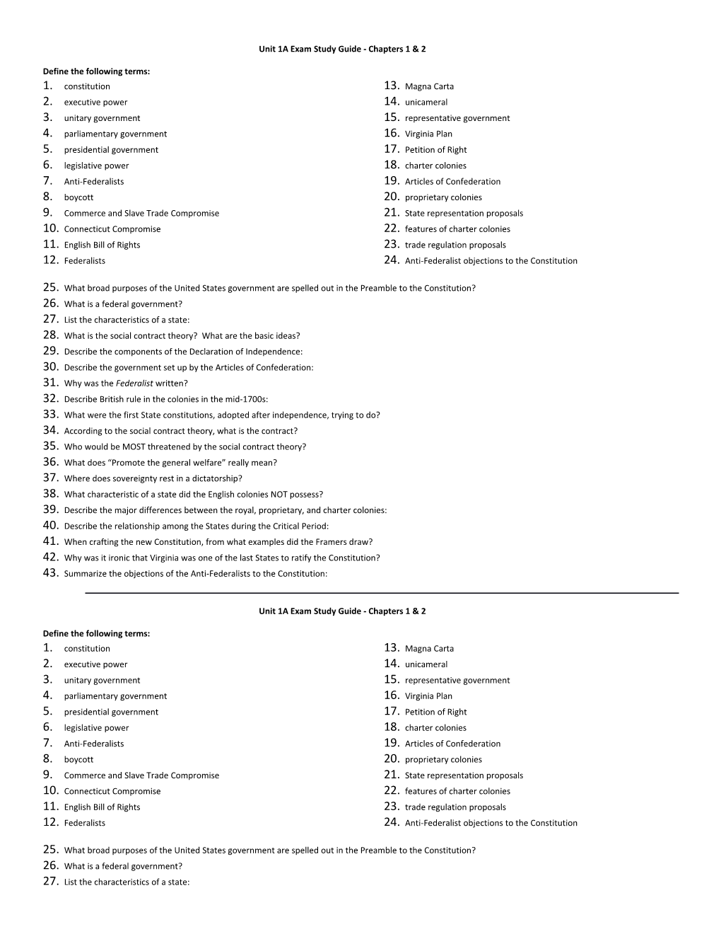 Unit 1A Exam Study Guide - Chapters 1 & 2