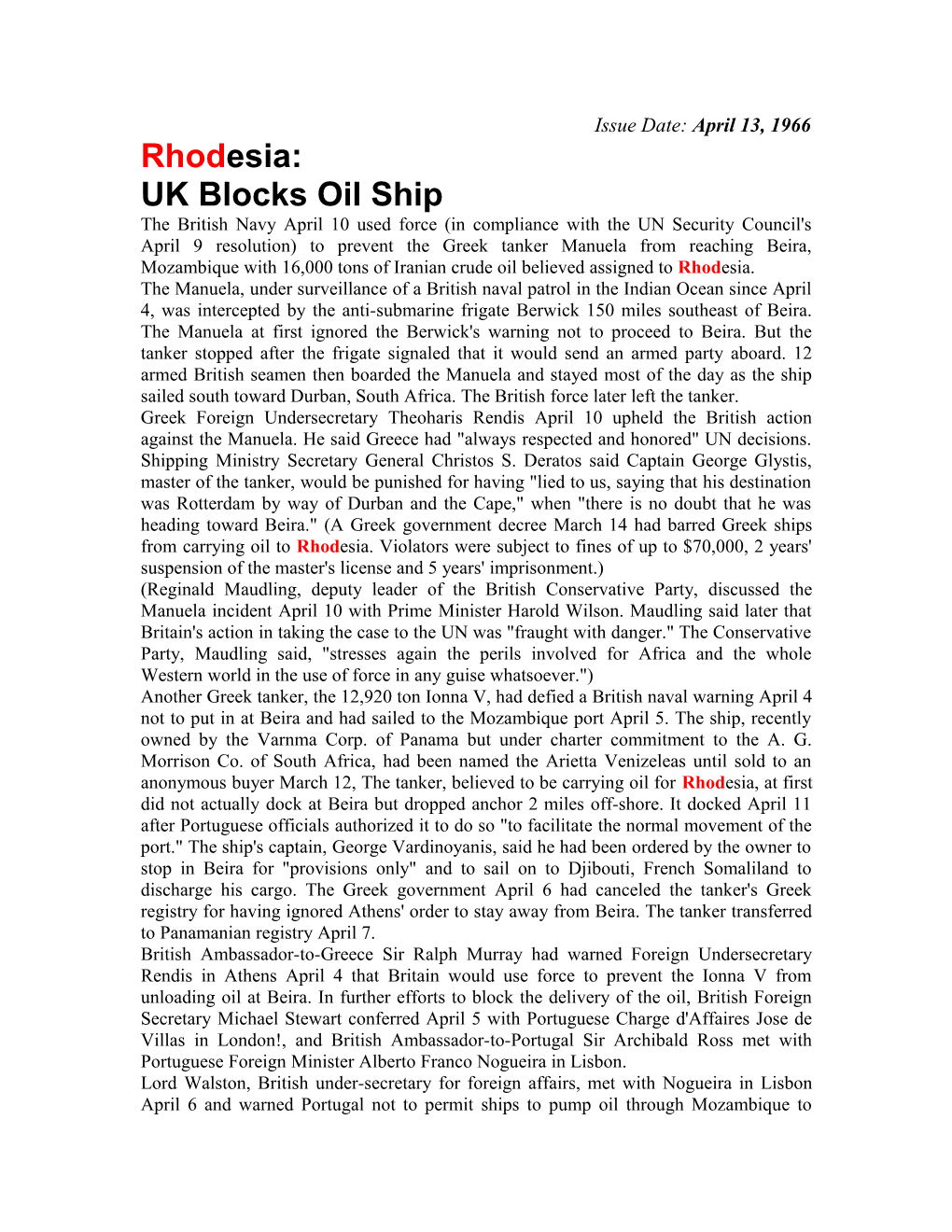 Rhodesia: UK Blocks Oil Ship