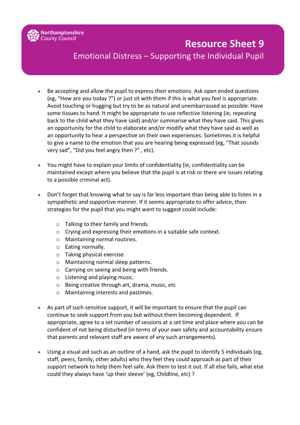 Resource Sheet 9 Emotional Distress Supporting the Individual Pupil