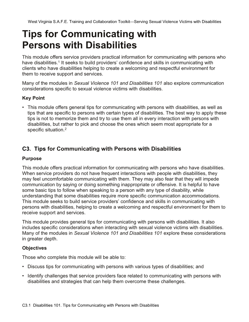 C3. Disabilities 101. Tips for Communicating with Persons with Disabilities