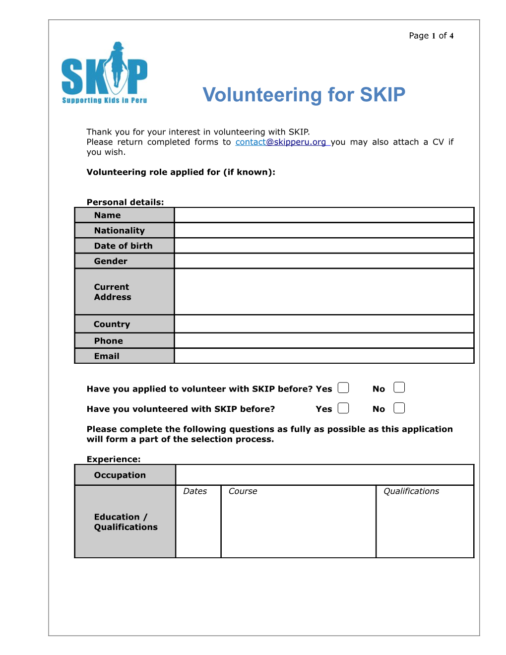 Thank You for Your Interest in Volunteering with SKIP