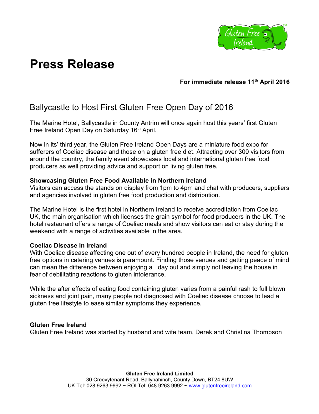 Ballycastle to Host First Gluten Free Open Day of 2016