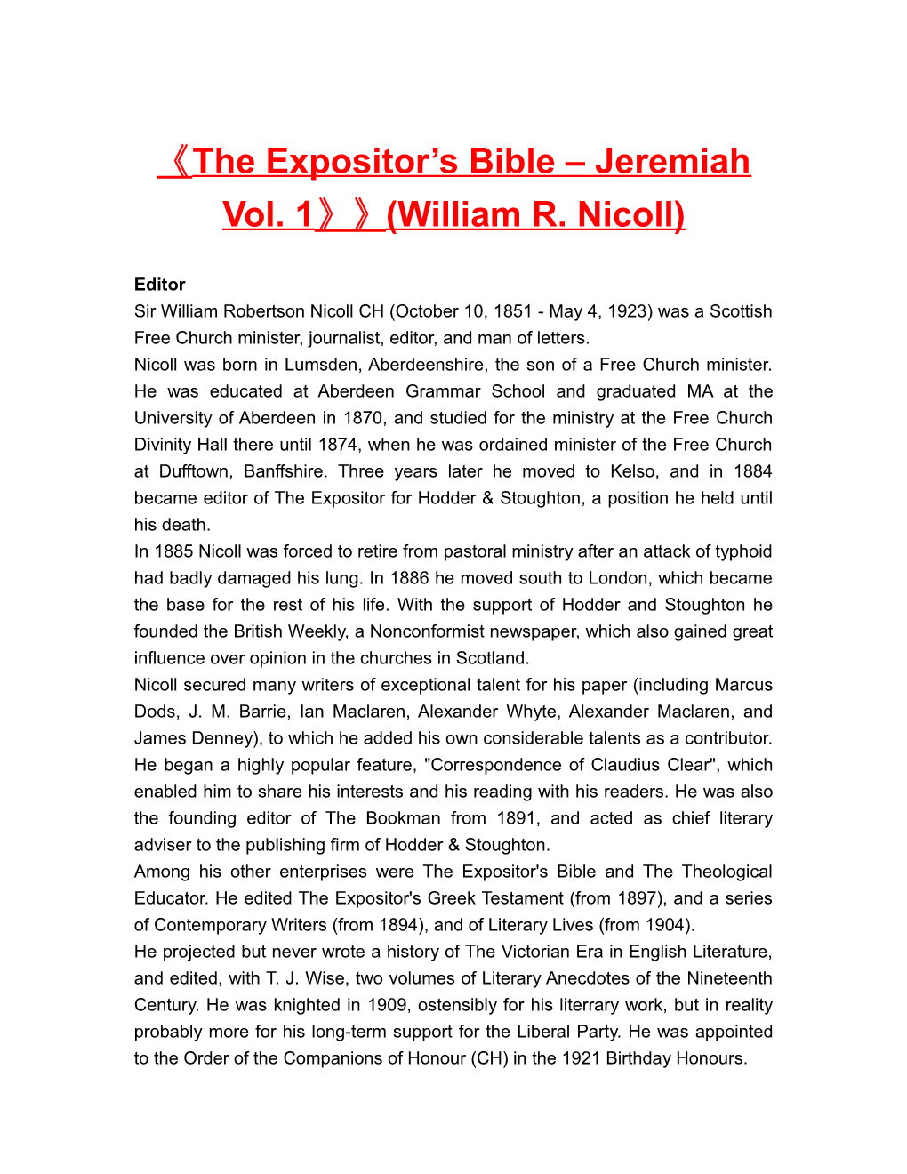 The Expositor S Bible Jeremiah Vol. 1 (William R. Nicoll)