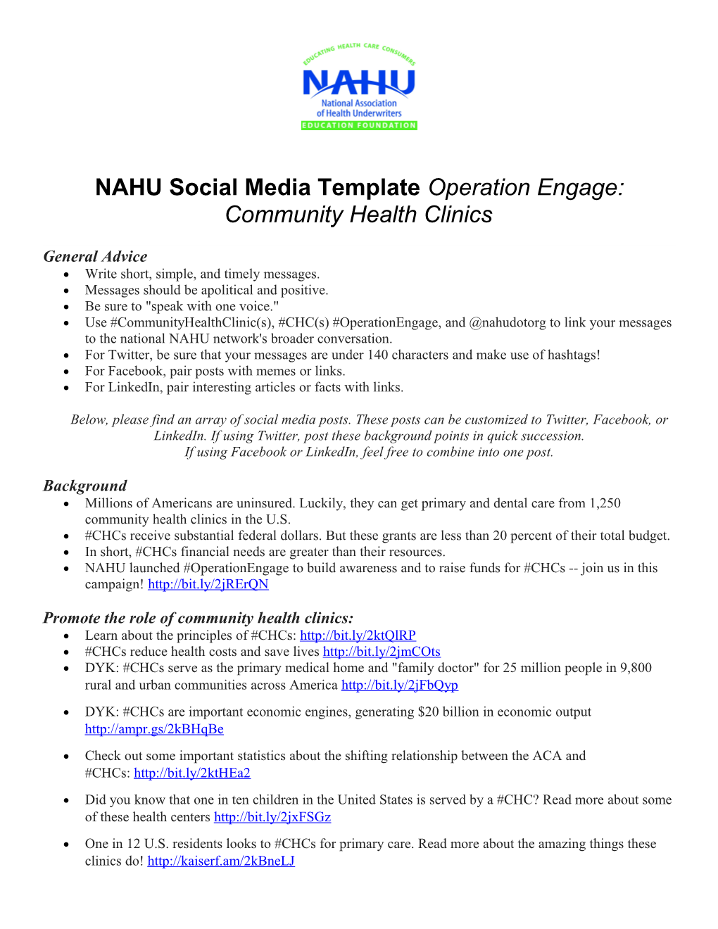 NAHU Social Media Template Operation Engage:Community Health Clinics