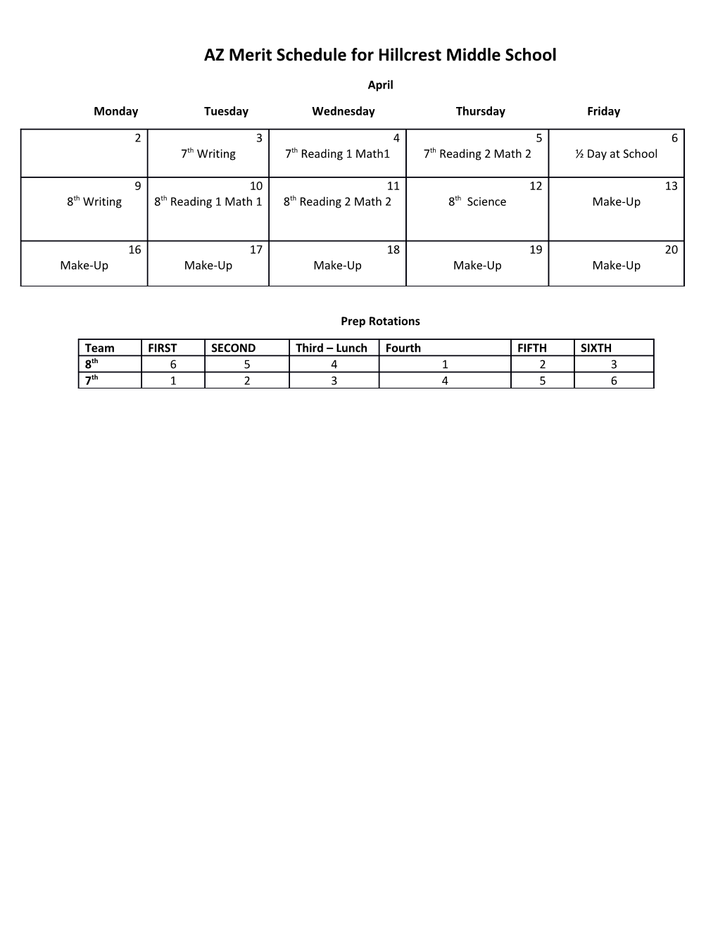 AZ Merit Schedule for Hillcrest Middle School