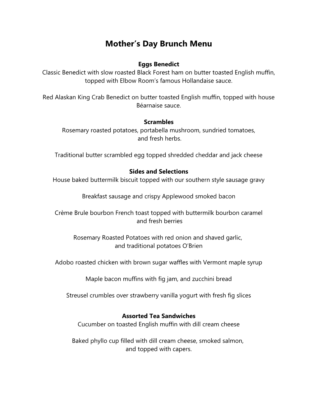 Mother S Day Brunch Menu