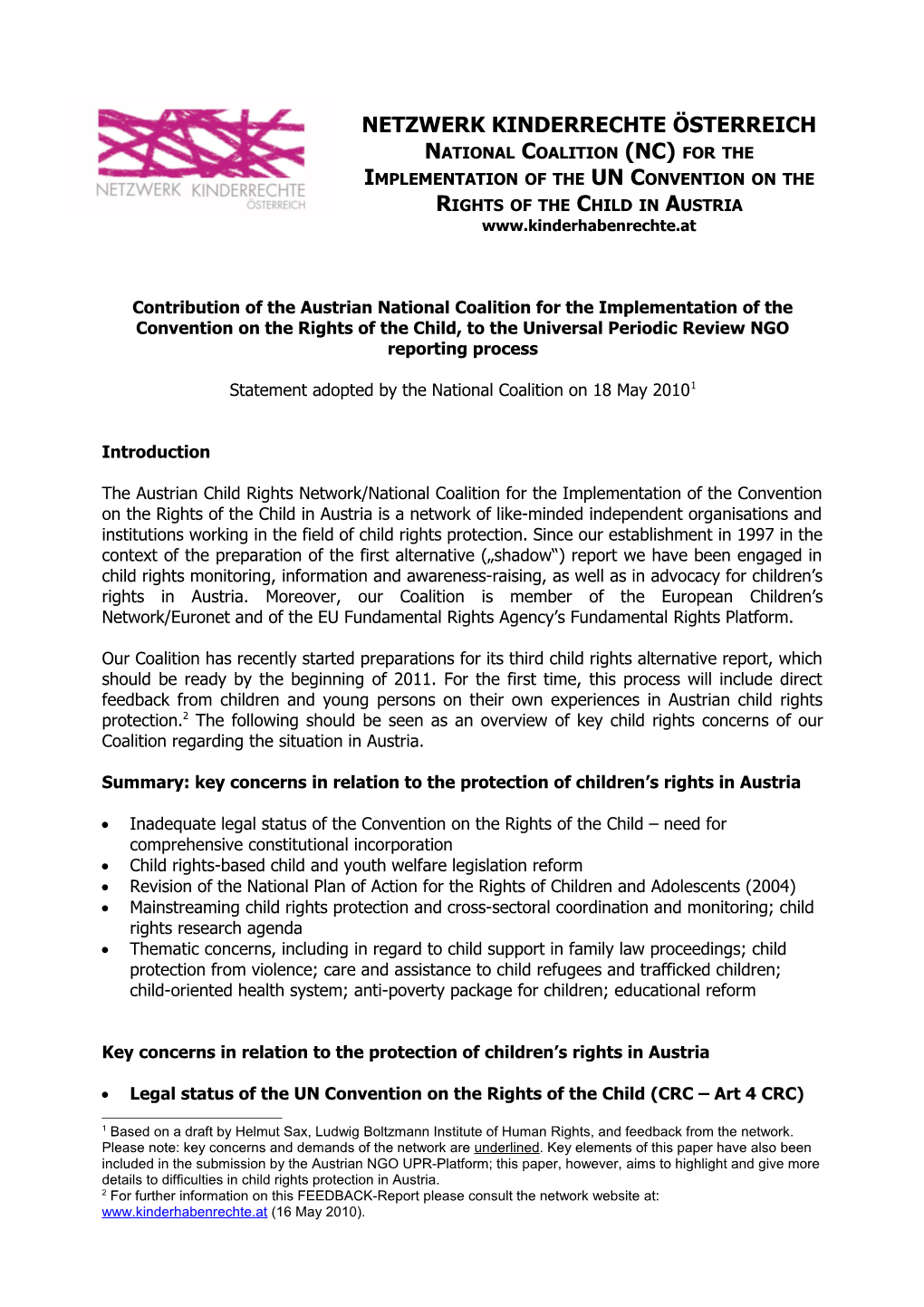 Beitrag Des Netzwerks Kinderrechte Österreich/National Coalition Zum Schattenbericht Im