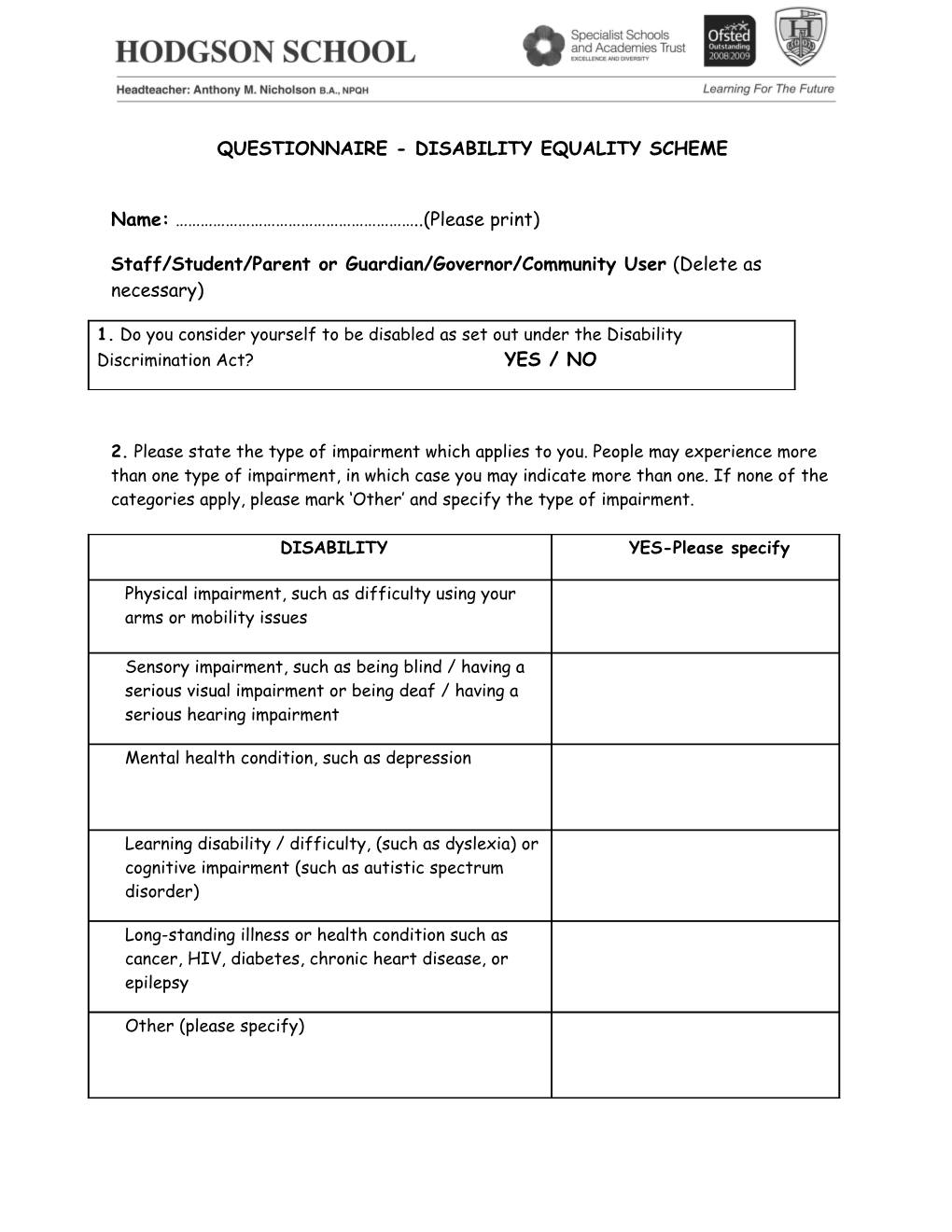 Questionnaire - Disability Equality Scheme