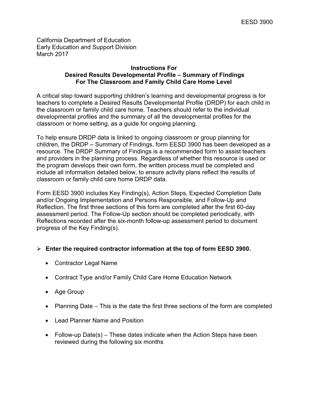 Form EESD 3900 with Instr - Child Development (CA Dept of Education)