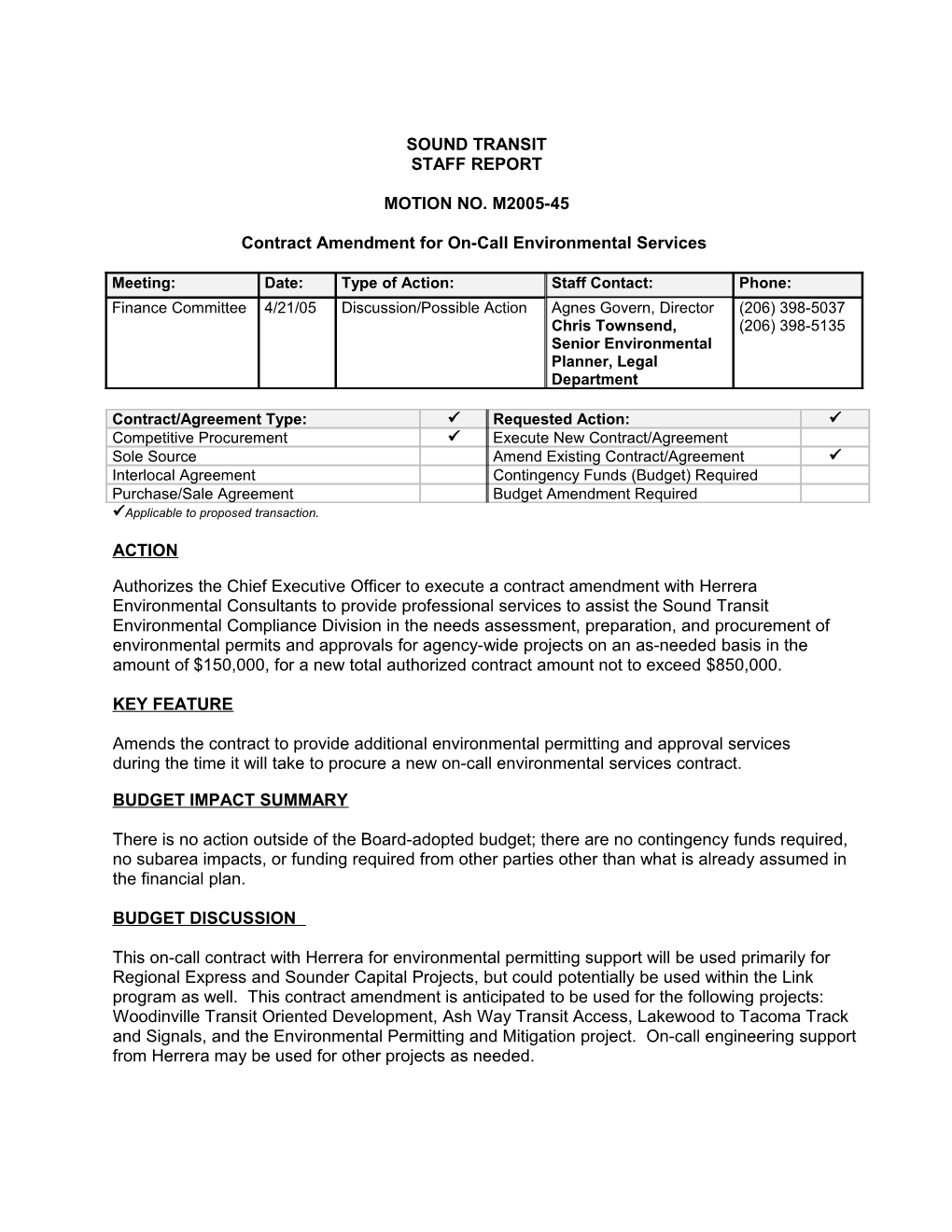 Contract Amendment for On-Call Environmental Services