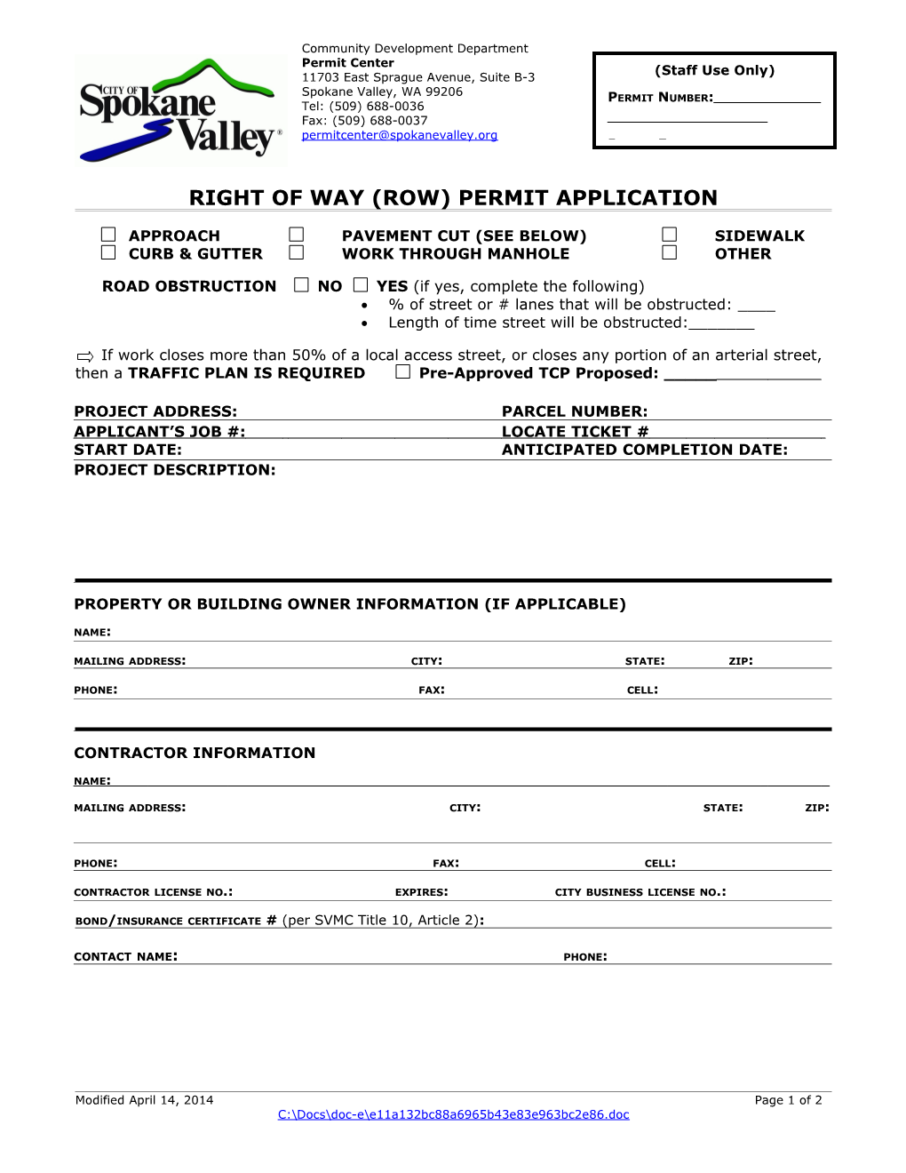 Right of Way (Row) Permit Application
