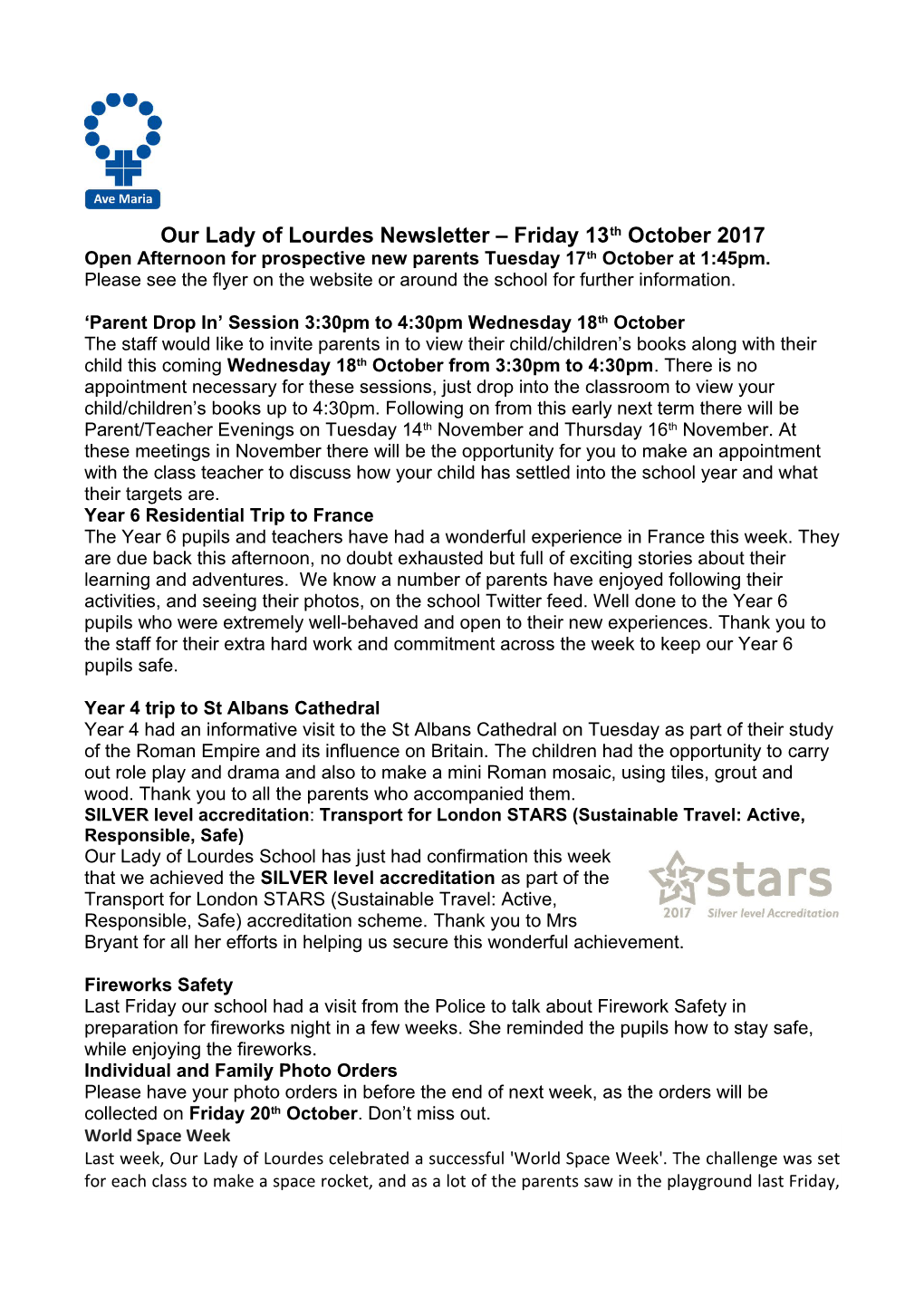 Our Lady of Lourdes Newsletter Friday 13Th October 2017