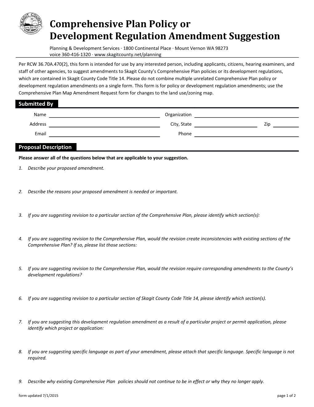 Per RCW 36.70A.470(2), This Form Is Intended for Use by Any Interested Person, Including