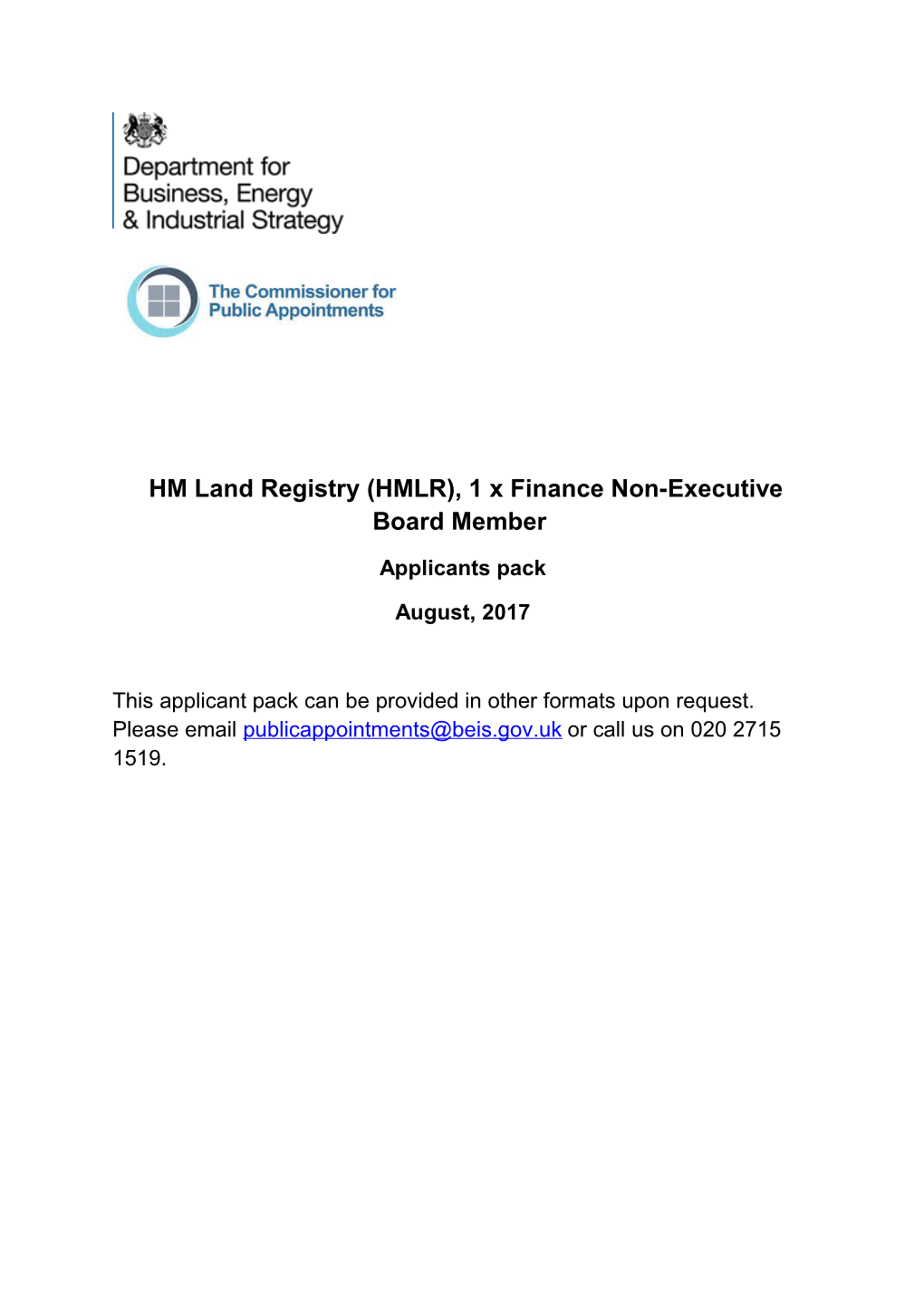 HM Land Registry (HMLR), 1 X Finance Non-Executive Board Member