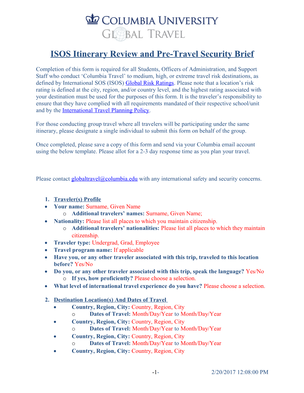 ISOS Itinerary Review and Pre-Travel Security Brief