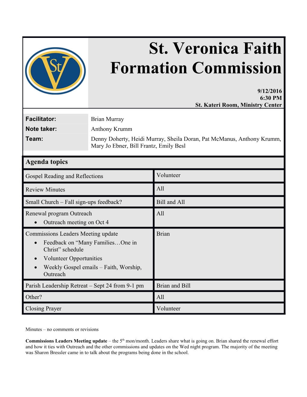 St. Veronica Faith Formation Commission