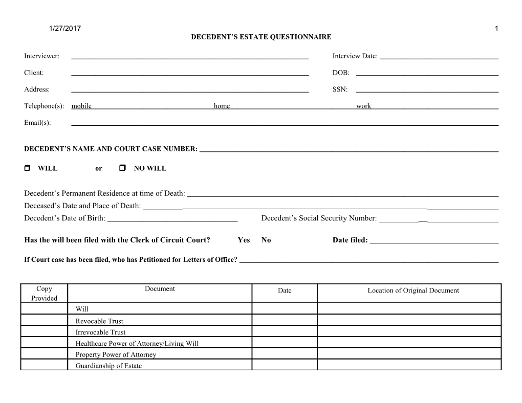 Decedent S Estate Questionnaire