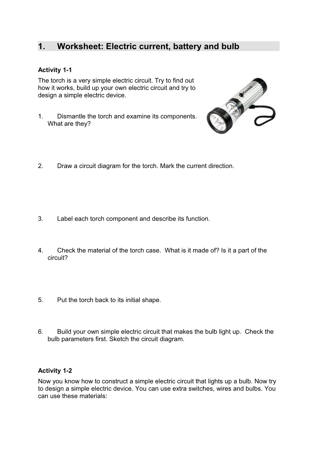 Worksheet: Electric Current, Battery and Bulb
