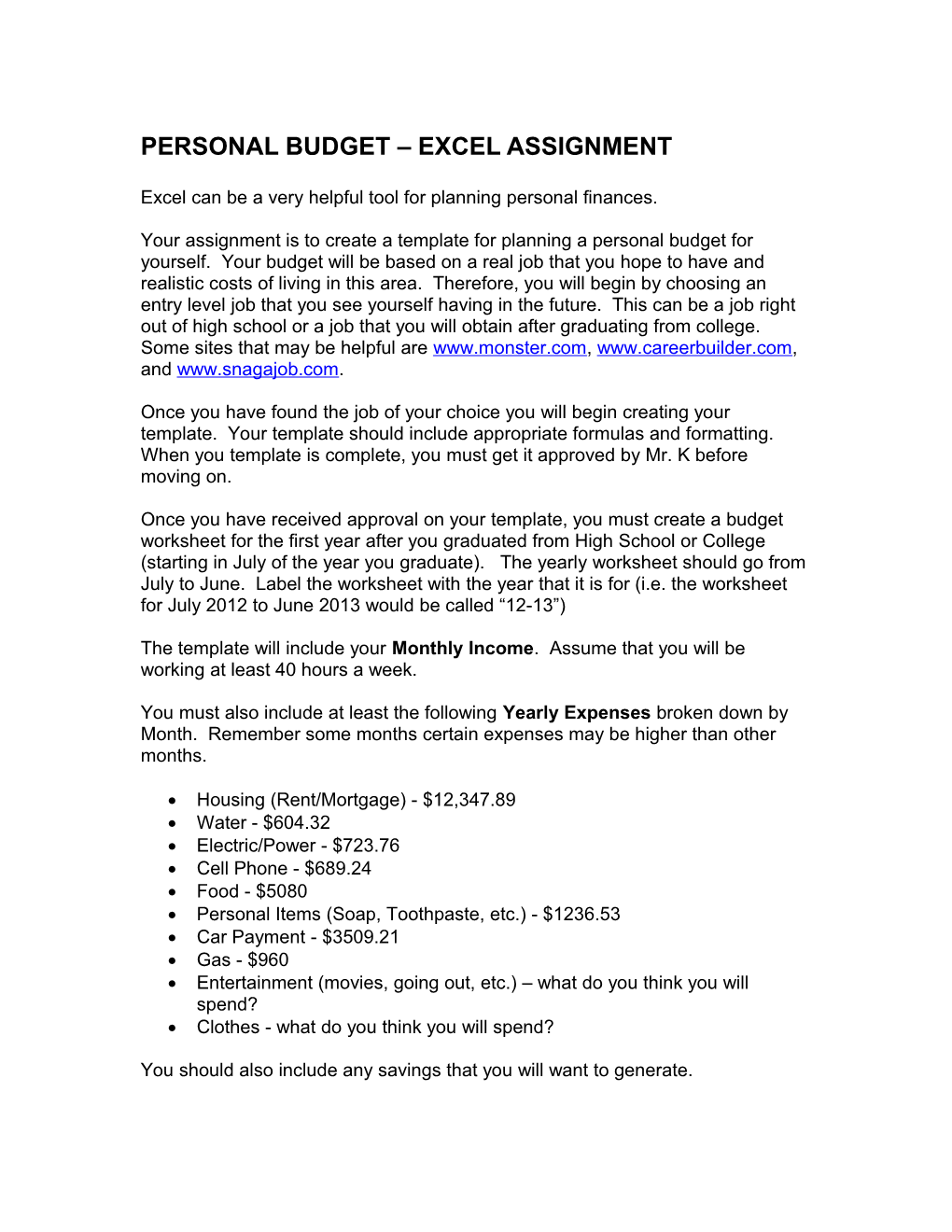 Personal Budget Excel Assignment