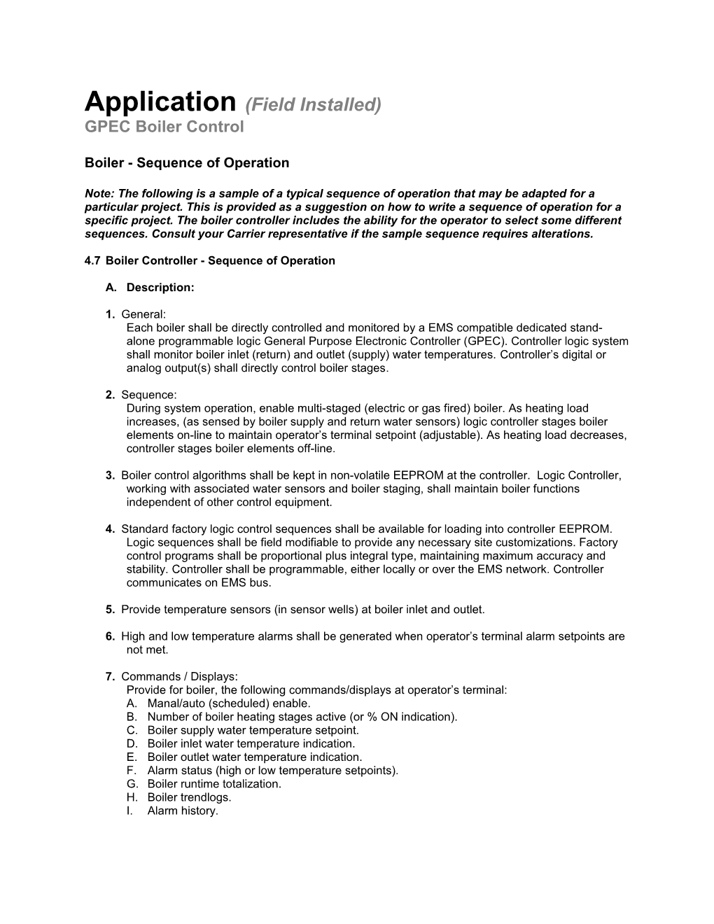 4.1.07 Boiler Control, Sequence of Operation Guide Specifications