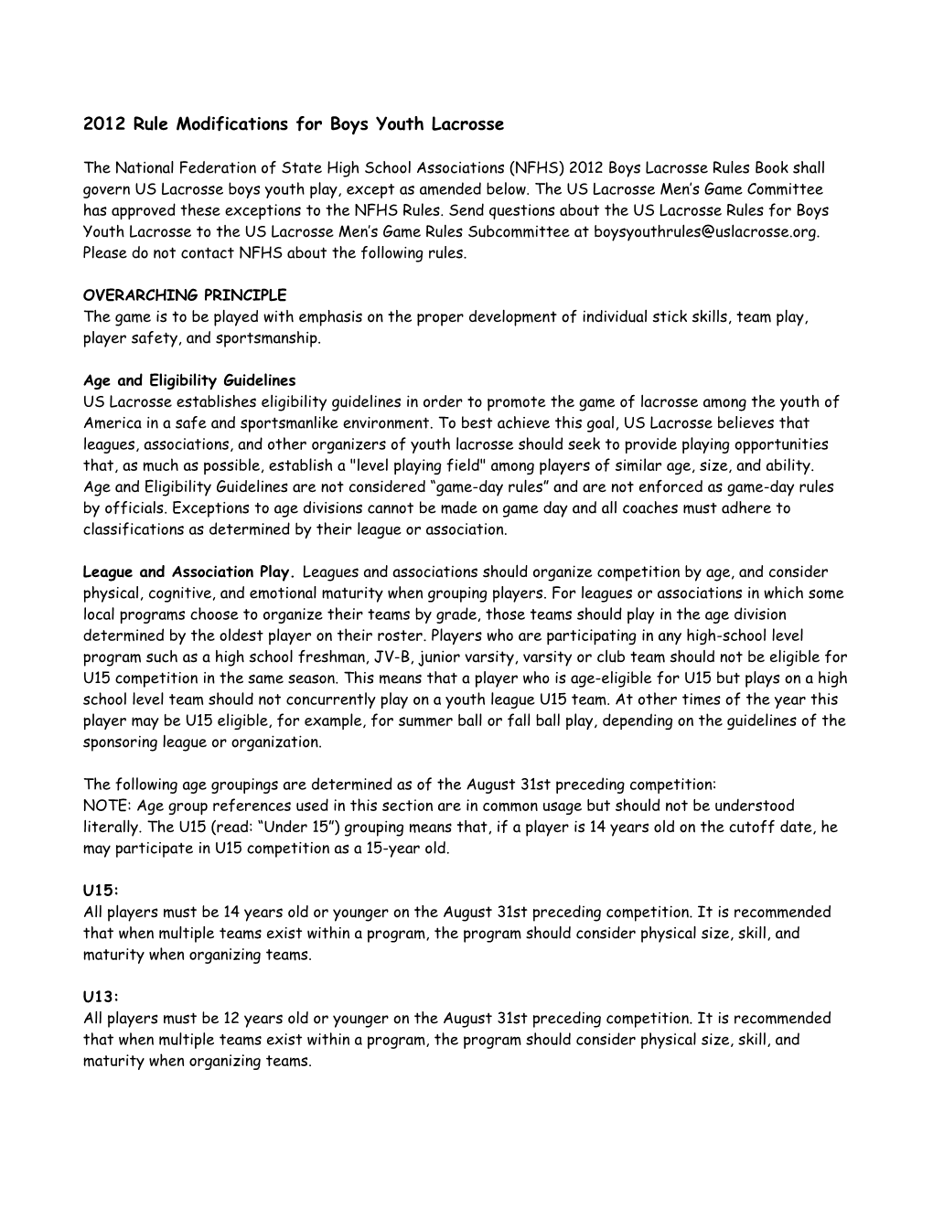 2012 Rule Modifications for Boys Youth Lacrosse