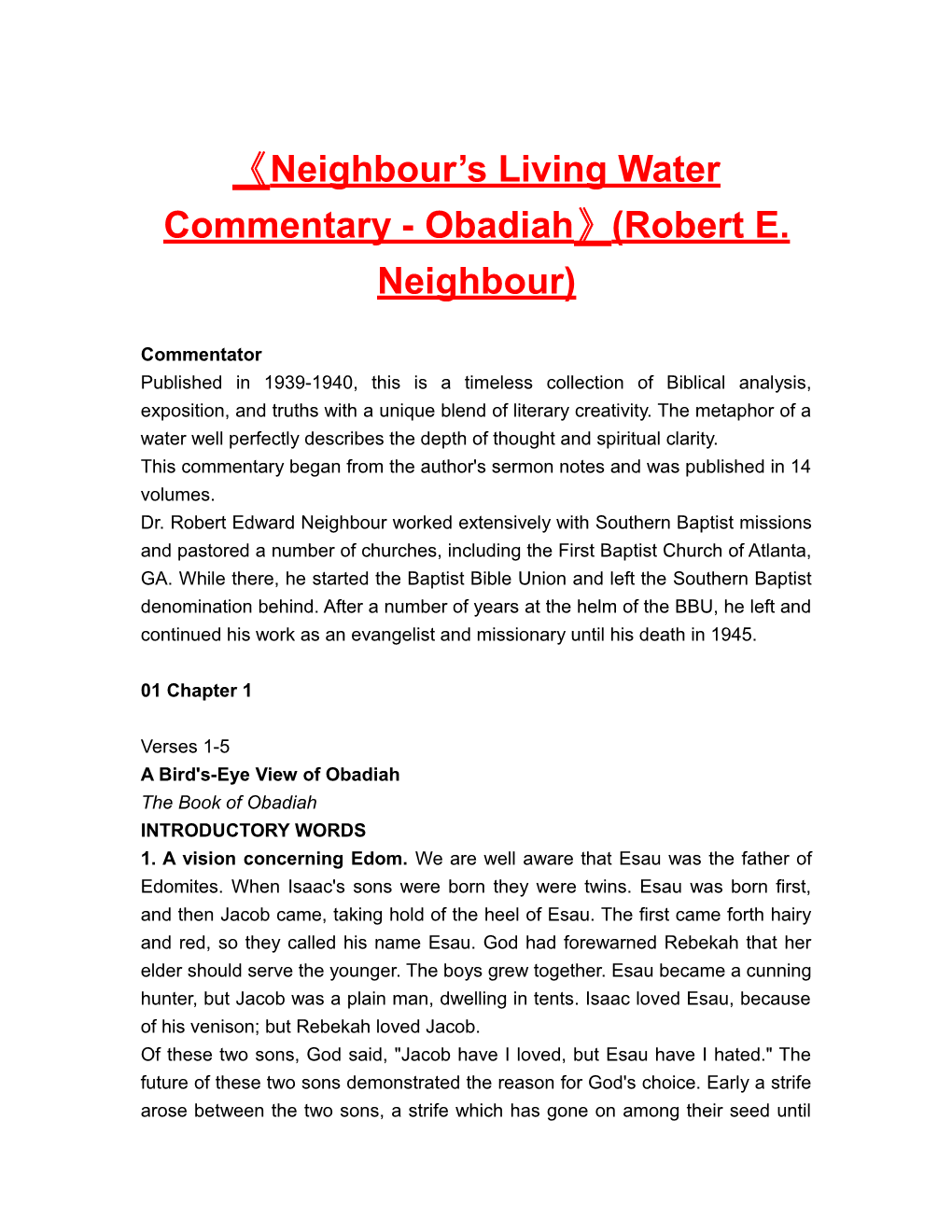 Neighbour S Living Water Commentary - Obadiah (Robert E. Neighbour)