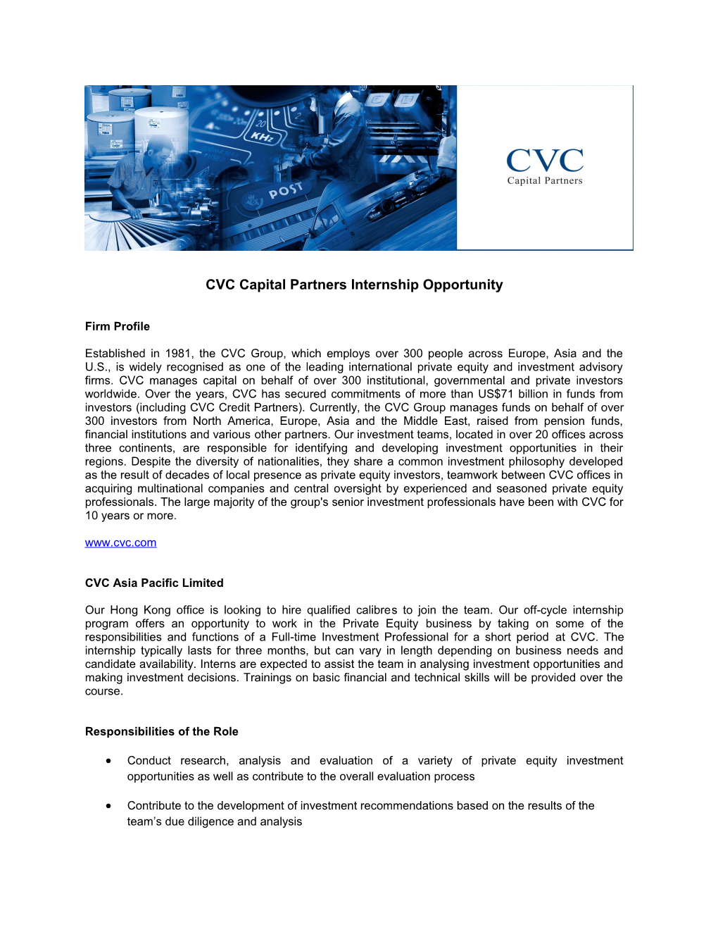 CVC Capital Partners Internship Opportunity