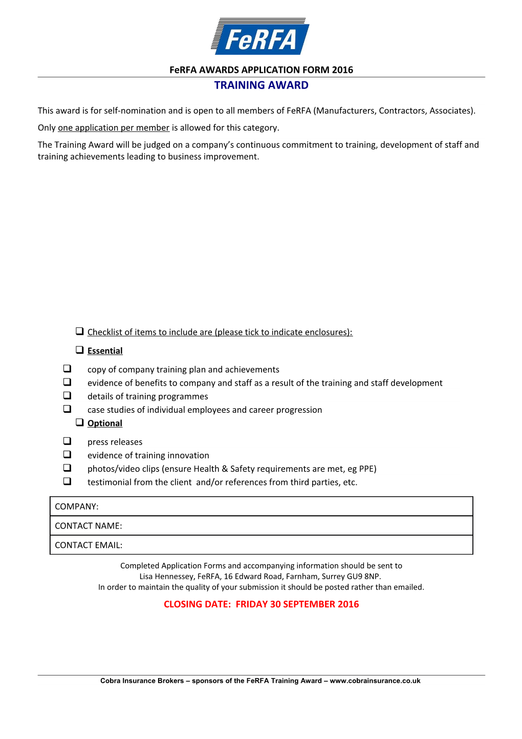 Ferfa AWARDS APPLICATION FORM 2016