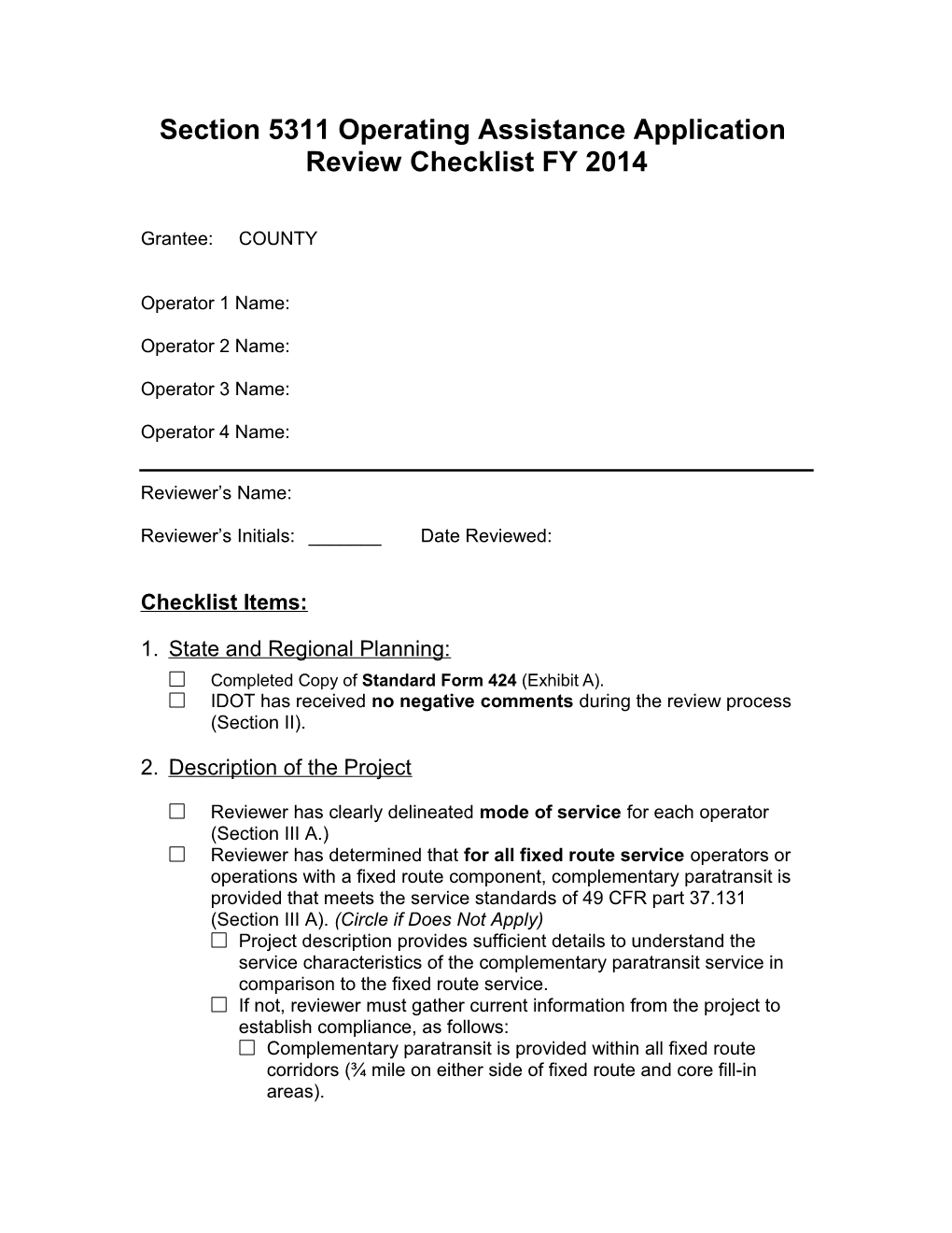 Section 5311 Operating Assistance Application Review Checklist FY 2003
