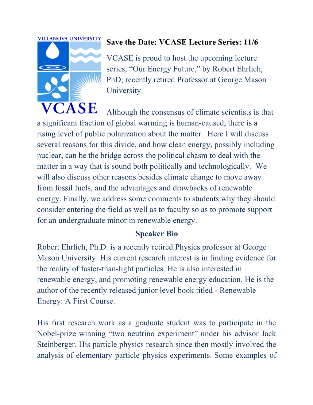 Save the Date: VCASE Lecture Series: 11/6