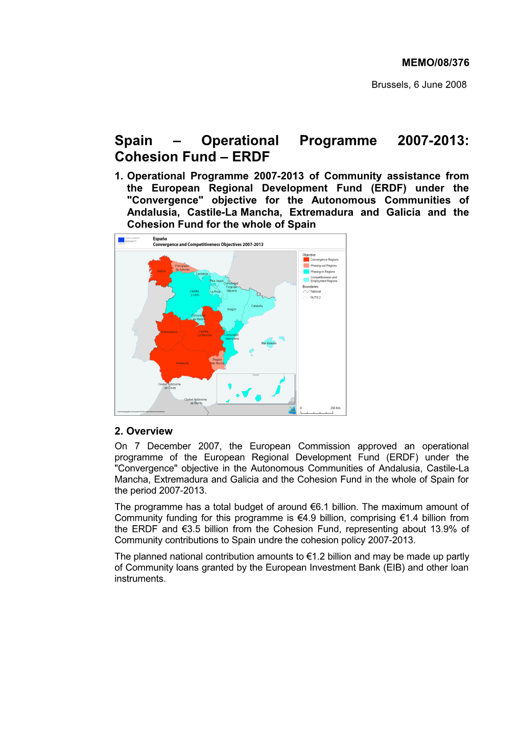 Spain Operational Programme 2007-2013: Cohesion Fund ERDF