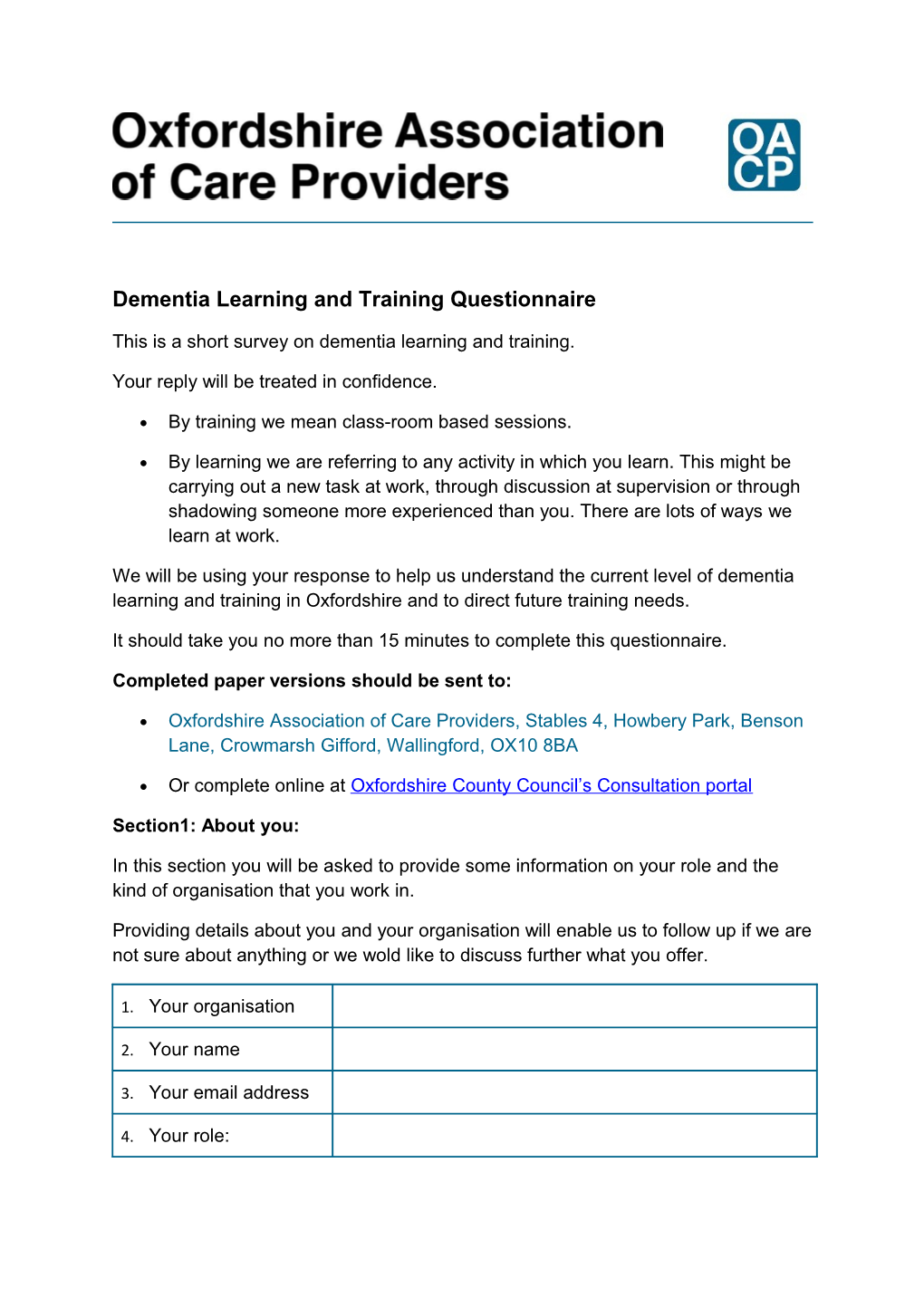 Dementia Learning and Training Questionnaire