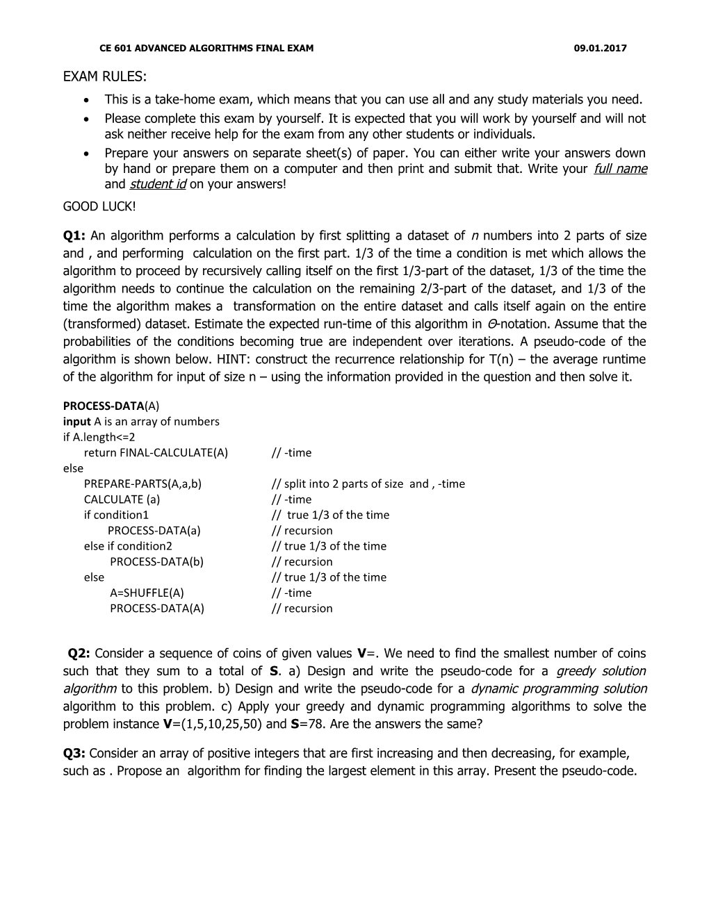 CE 601 ADVANCED ALGORITHMSFINAL Exam 09.01.2017