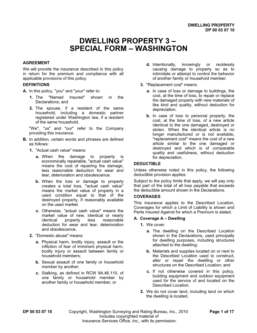 Dwelling Property 3 Special Form Washington