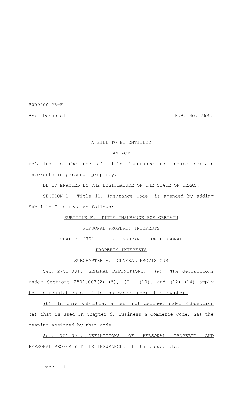 Relating to the Use of Title Insurance to Insure Certain Interests in Personal Property