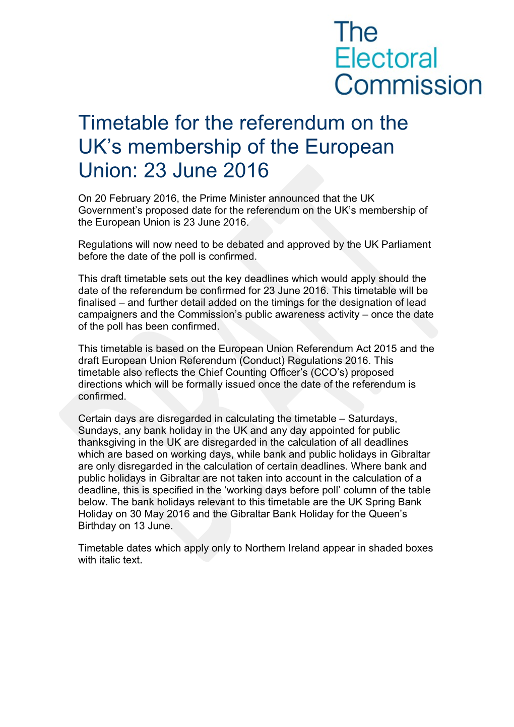 EU Referendum Election Timetable - 23 June Date