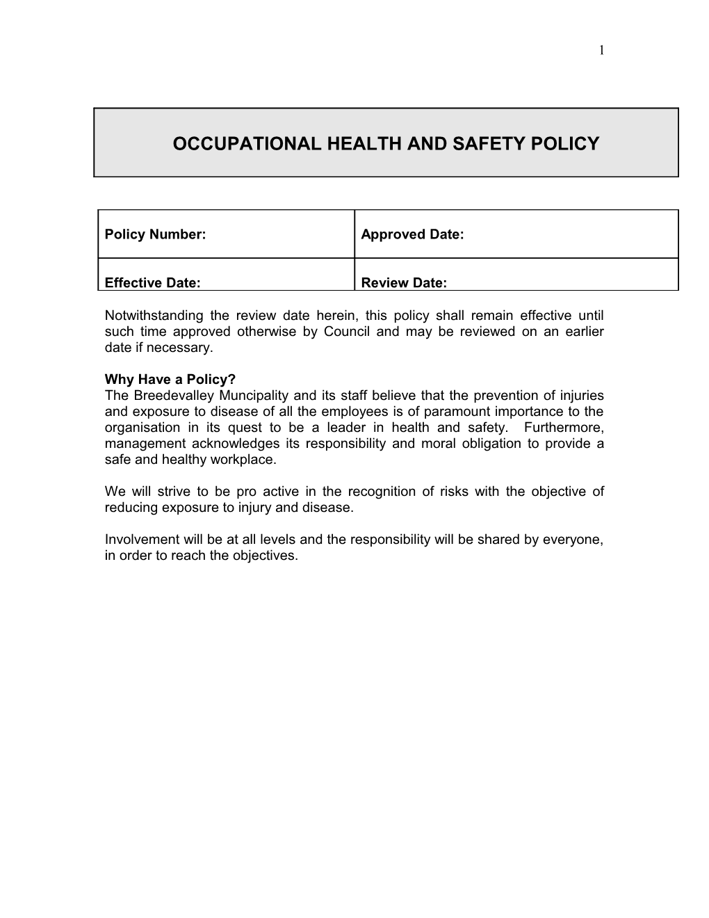 Occupational Health and Safety Policy