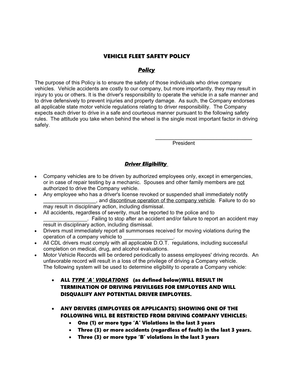 Vehicle Fleet Safety Policy