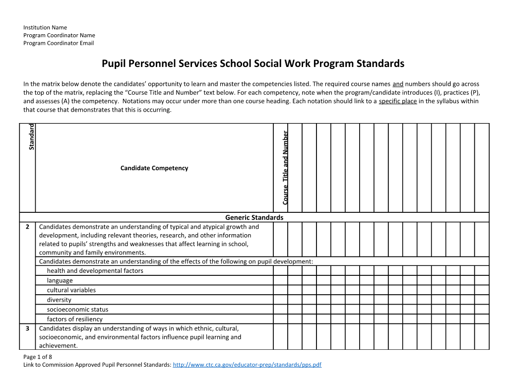 Pupil Personnel Services School Social Work Program Standards